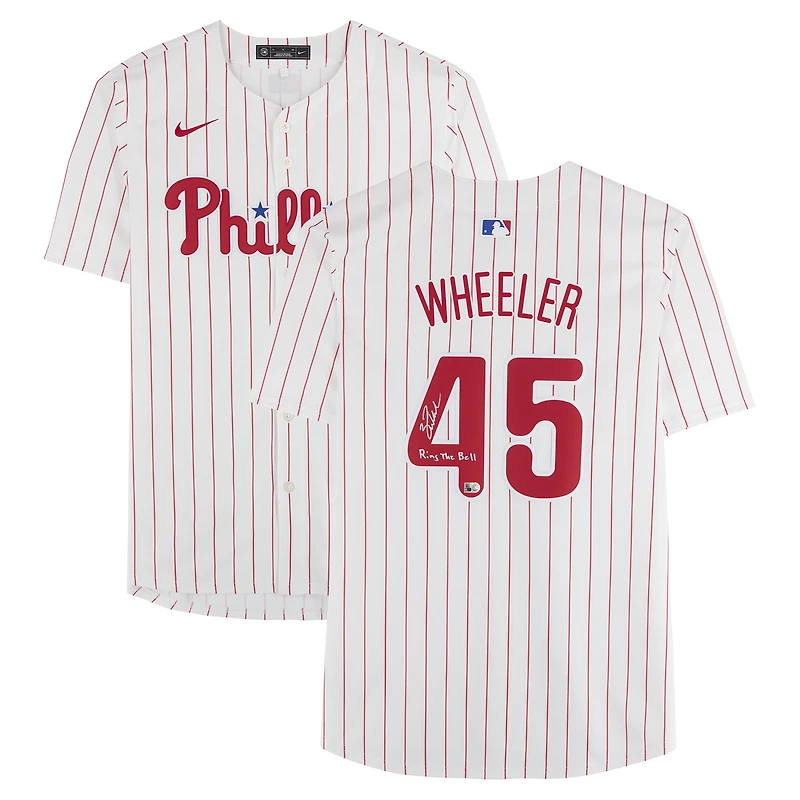 Maillot blanc Nike Limited autographié par Zack Wheeler des Phillies de Philadelphie avec inscription « Sing The Bell »