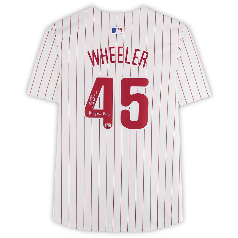 Maillot blanc Nike Limited autographié par Zack Wheeler des Phillies de Philadelphie avec inscription « Sing The Bell »
