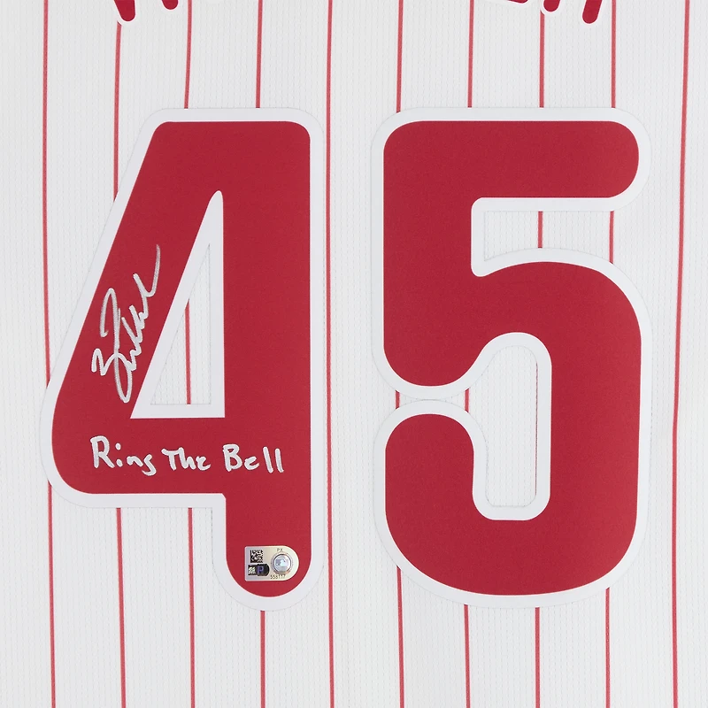Maillot blanc Nike Limited autographié par Zack Wheeler des Phillies de Philadelphie avec inscription « Sing The Bell »