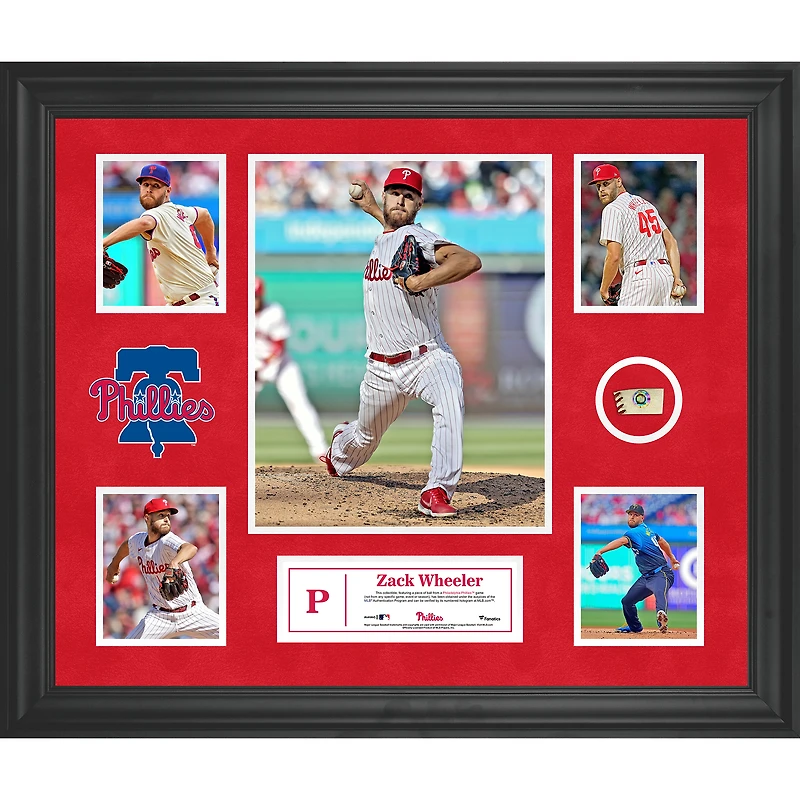 Collage encadré de 5 photos de Zack Wheeler des Philadelphia Phillies avec un morceau de balle utilisé lors du match