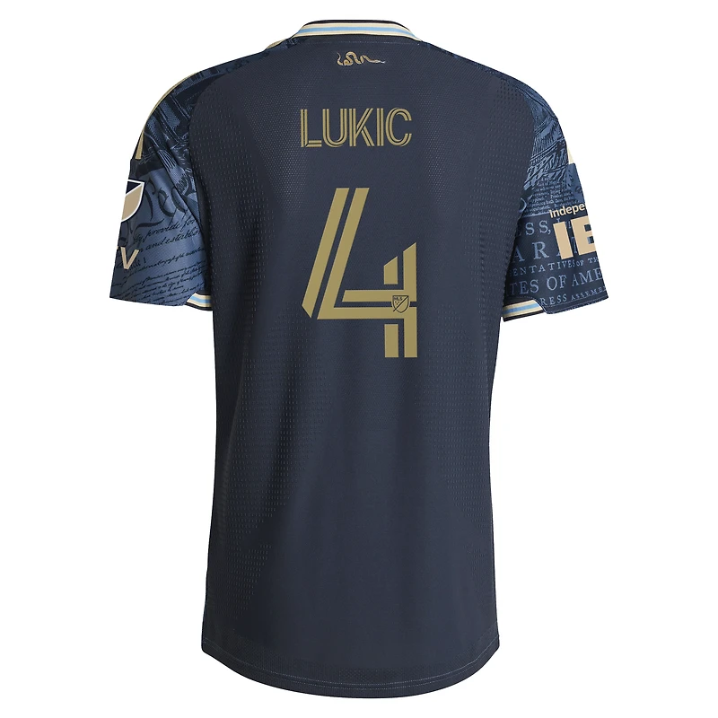 Maillot adidas Jovan Lukić pour homme, bleu marine, Philadelphia Union 2026 1776, kit avec patch authentique sur le terrain
