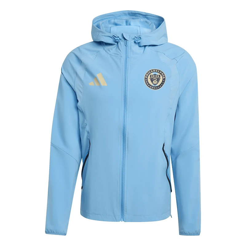Men's adidas  Light Blue Philadelphia Union Tiro Travel Full-Zip Hooded Windbreaker