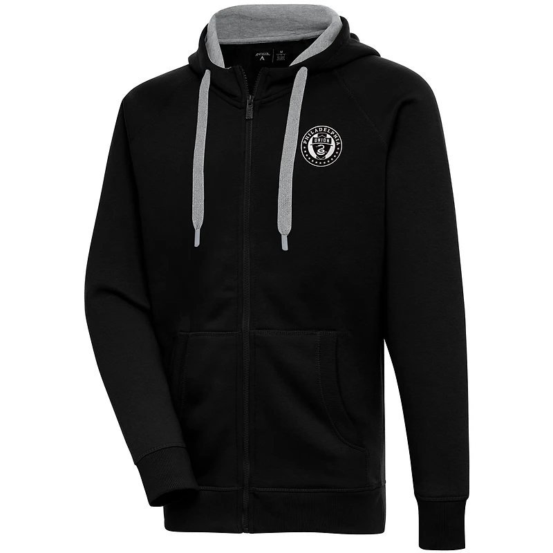 Men's Antigua  Black Philadelphia Union Brushed Metallic Victory Raglan Full-Zip Hoodie