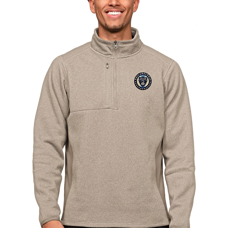 Men's Antigua Oatmeal Philadelphia Union Primary Team Logo Course Quarter-Zip Pullover Top