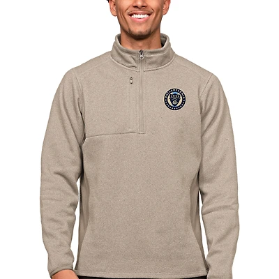 Men's Antigua Oatmeal Philadelphia Union Primary Team Logo Course Quarter-Zip Pullover Top