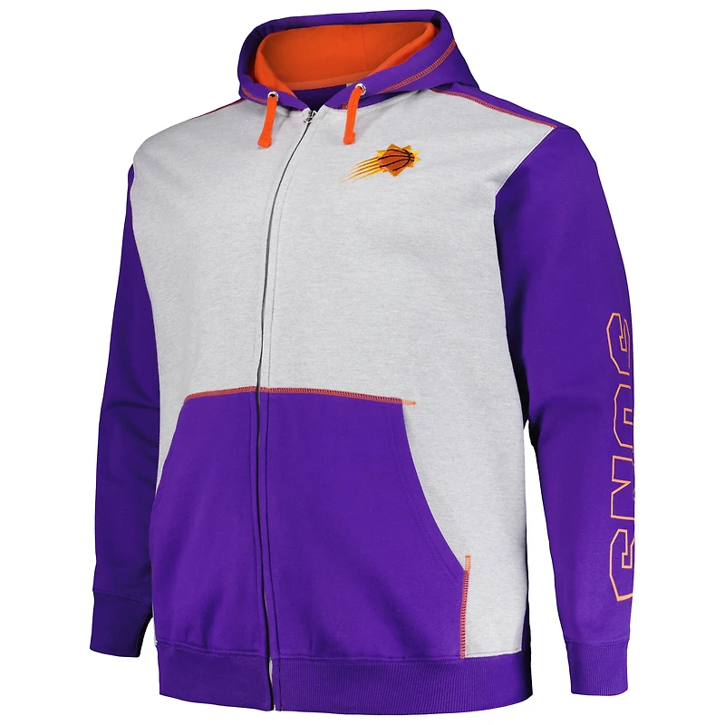 Men's Fanatics Purple/Heather Gray Phoenix Suns Big & Tall Contrast Pieced Stitched Full-Zip Hoodie