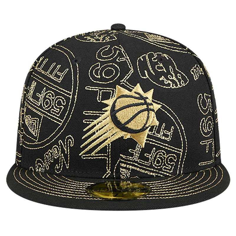 Men's New Era Black Phoenix Suns 59FIFTY Day Allover Print Stencil Fitted Hat