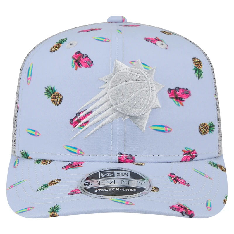 Casquette extensible à boutons-pression New Era bleu clair/gris Phoenix Suns Adventure Aloha Pattern 9SEVENTY pour homme