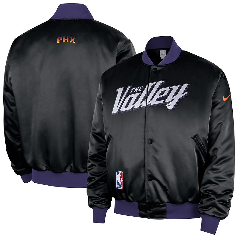 Veste bomber Nike Phoenix Suns City édition Remix Courtside noire pour homme, 2025/26, fermeture à boutons-pression.