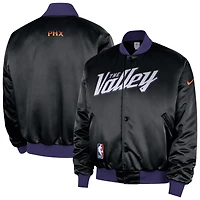 Veste bomber Nike Phoenix Suns City édition Remix Courtside noire pour homme, 2025/26, fermeture à boutons-pression.