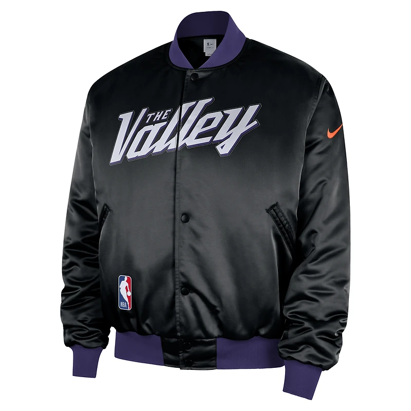 Veste bomber Nike Phoenix Suns City édition Remix Courtside noire pour homme, 2025/26, fermeture à boutons-pression.
