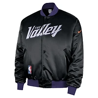 Veste bomber Nike Phoenix Suns City édition Remix Courtside noire pour homme, 2025/26, fermeture à boutons-pression.