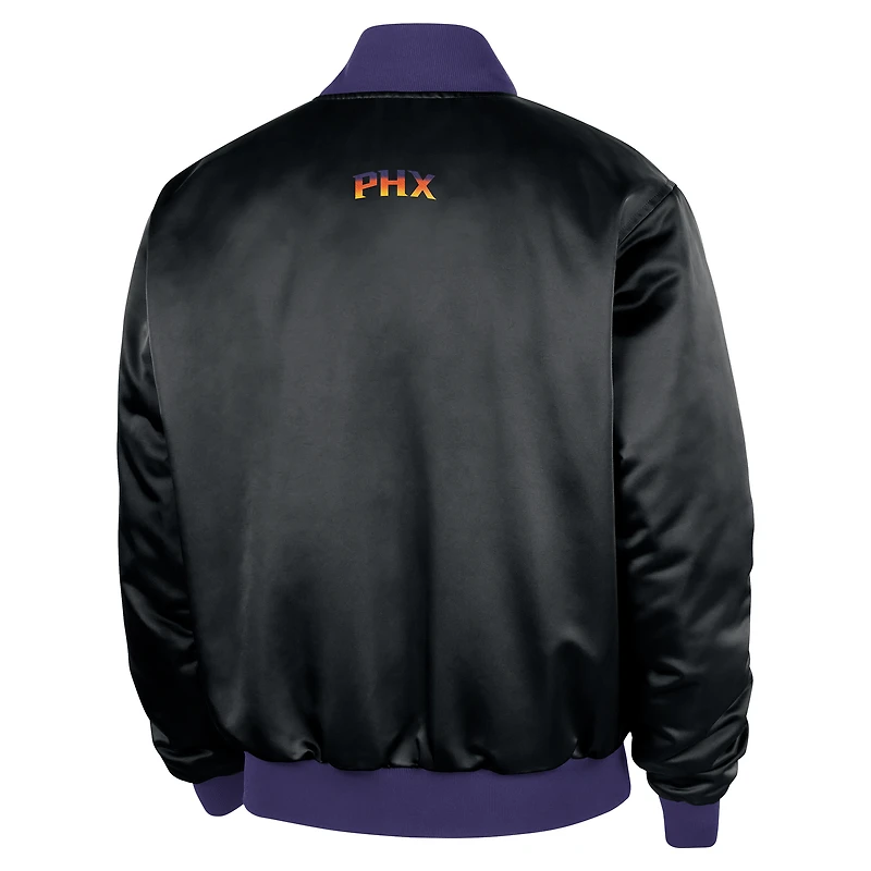 Veste bomber Nike Phoenix Suns City édition Remix Courtside noire pour homme, 2025/26, fermeture à boutons-pression.