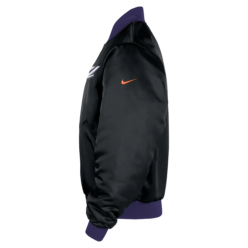 Veste bomber Nike Phoenix Suns City édition Remix Courtside noire pour homme, 2025/26, fermeture à boutons-pression.