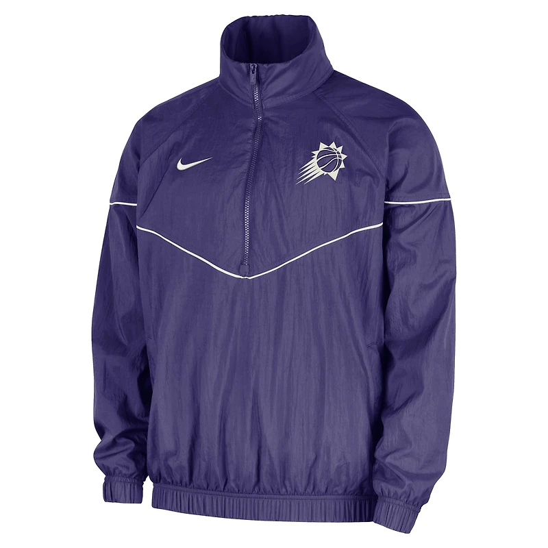 Veste coupe-vent tissée à demi-zip Nike pour homme, modèle Phoenix Suns Courtside Windrunner violet.