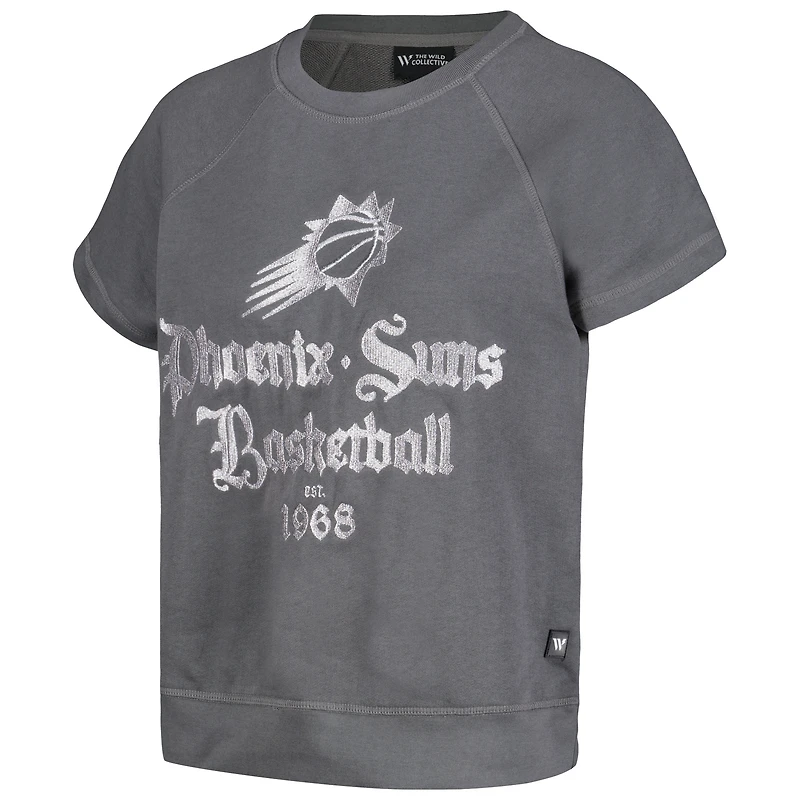 Sweat-shirt à manches courtes raglan en polaire brodée The Wild Collective pour femmes, gris Phoenix Suns