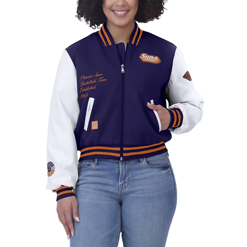 Women's WEAR by Erin Andrews Purple/White Phoenix Suns Cropped Varsity Full-Zip Jacket