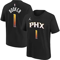 T-shirt Jordan Brand Devin Booker noir Phoenix Suns Statement Edition pour jeune avec nom et numéro