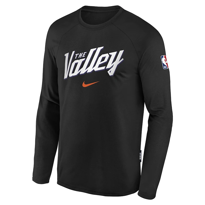 Haut de match Nike City Edition Dri-Fit à manches longues pour jeune homme, noir, Phoenix Suns NBA HO25 OST, modèle homme.
