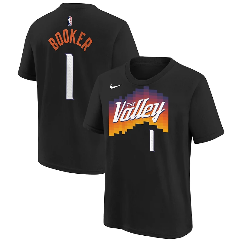 T-shirt Nike Devin Booker noir Phoenix Suns 2025/26 City Edition pour jeunes, nom et numéro