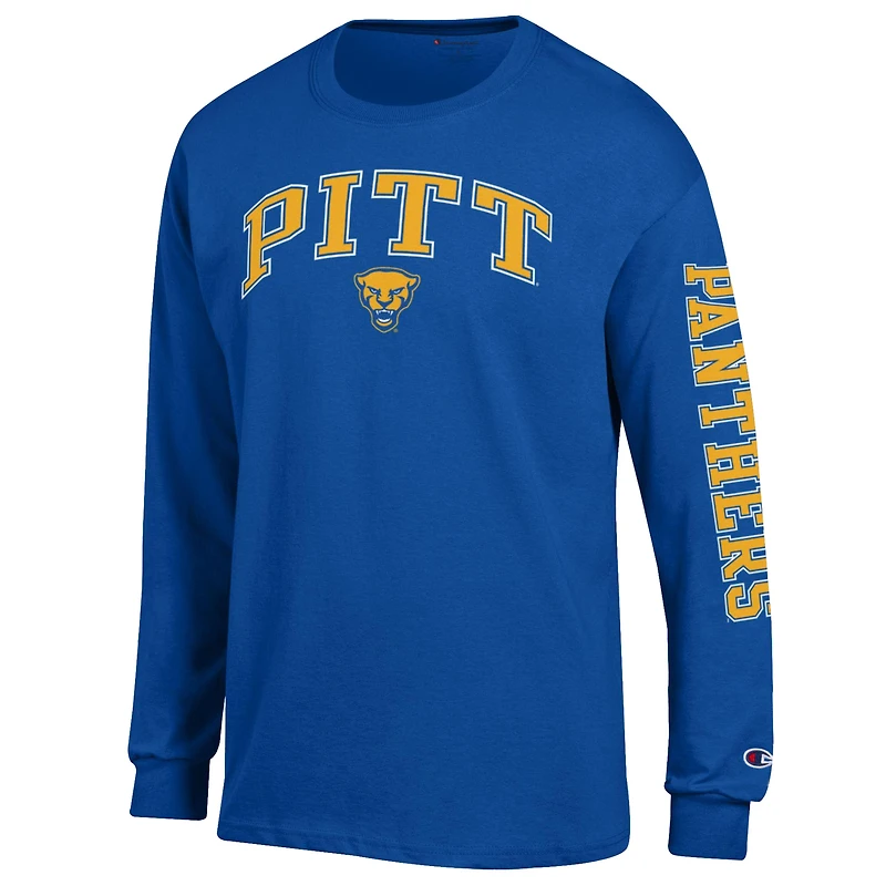 T-shirt à manches longues pour homme Champion Royal Pitt Panthers avec logo Arch Over 2-Hit