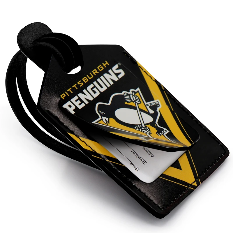 Étiquette de bagage en cuir personnalisée Pingouins de Pittsburgh noirs