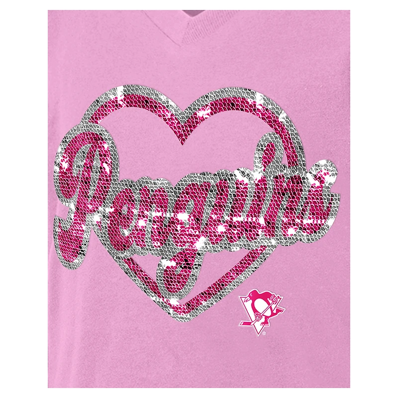 T-shirt à col en V sequins roses pour fille des Penguins de Pittsburgh New Era