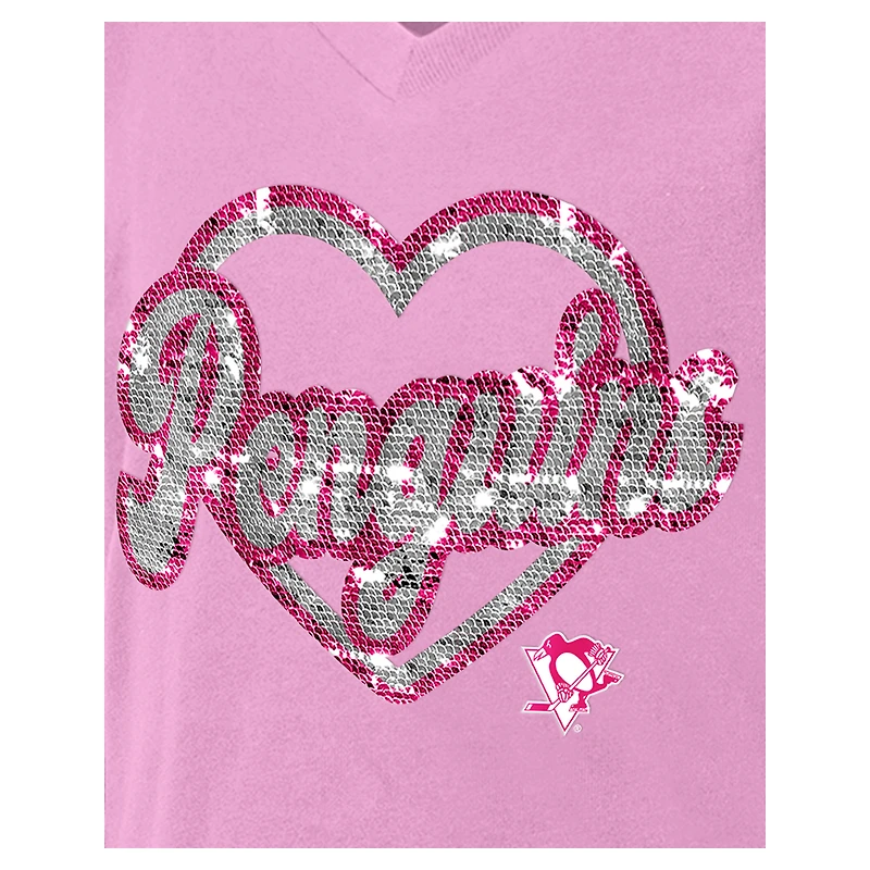 Girl's Youth New Era Pink Pittsburgh Penguins Flip Sequin V-Neck T-Shirt