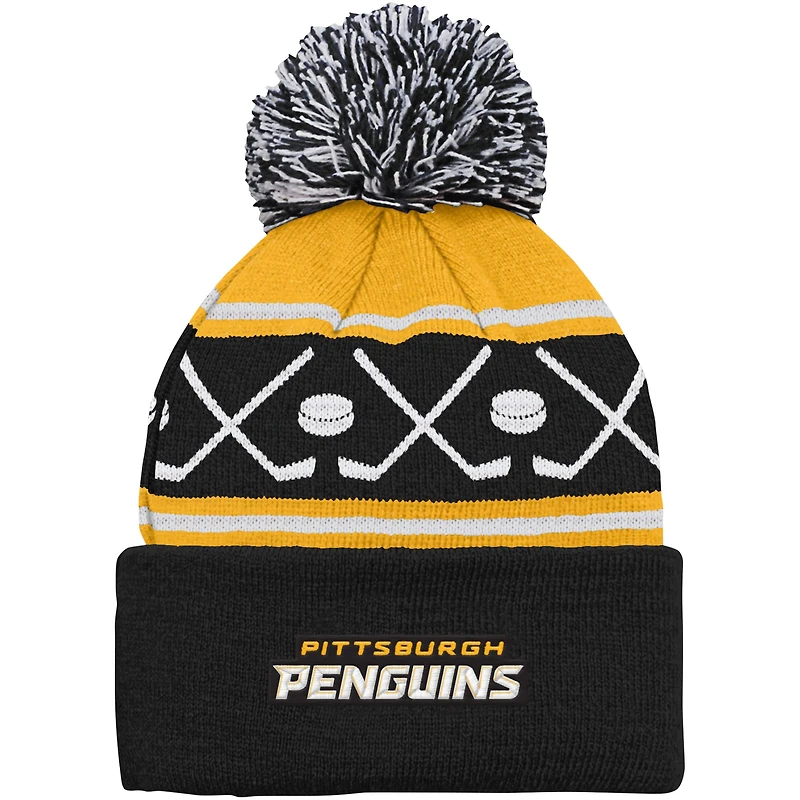 Bonnet en tricot à revers face-off des Penguins de Pittsburgh noir pour bébé avec pompon