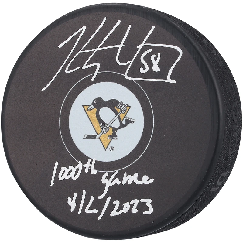Rondelle de hockey autographiée par Kris Letang des Penguins de Pittsburgh avec l'inscription « 1 000TH GAME 4-2-23 »