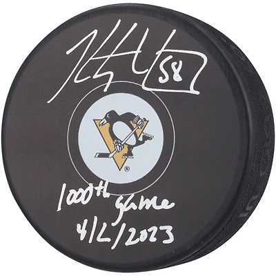 Rondelle de hockey autographiée par Kris Letang des Penguins de Pittsburgh avec l'inscription « 1 000TH GAME 4-2-23 »