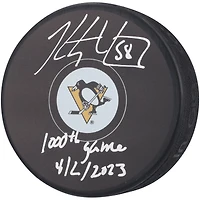 Rondelle de hockey autographiée par Kris Letang des Penguins de Pittsburgh avec l'inscription « 1 000TH GAME 4-2-23 »