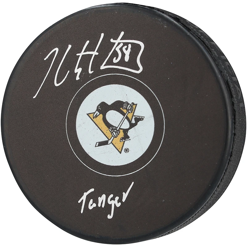 Rondelle de hockey autographiée par Kris Letang des Penguins de Pittsburgh avec inscription « Tanger »