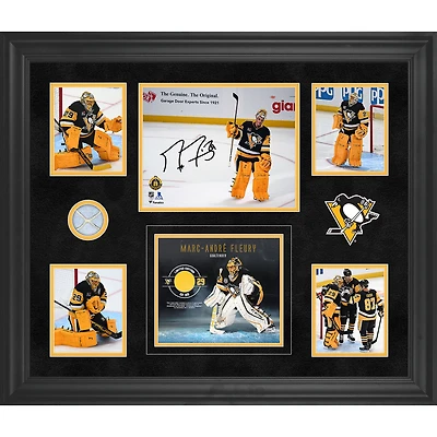 Collage encadré autographié par Marc-André Fleury des Penguins de Pittsburgh, 20" x 24", avec un morceau de filet utilisé lors du match contre les Blue Jackets de Columbus le 27 septembre 2025 - Édition limitée à 99 exemplaires.