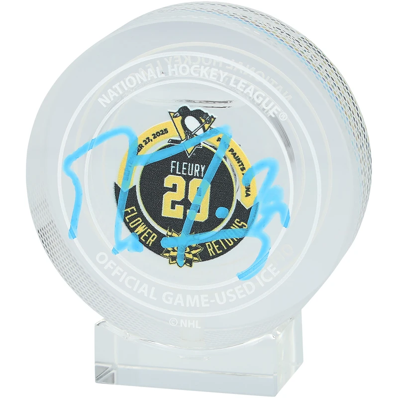 Marc-Andre Fleury Pittsburgh Penguins Autographed Return to Pittsburgh Crystal Puck - Filled with Game-Used Ice from 9/27/2025