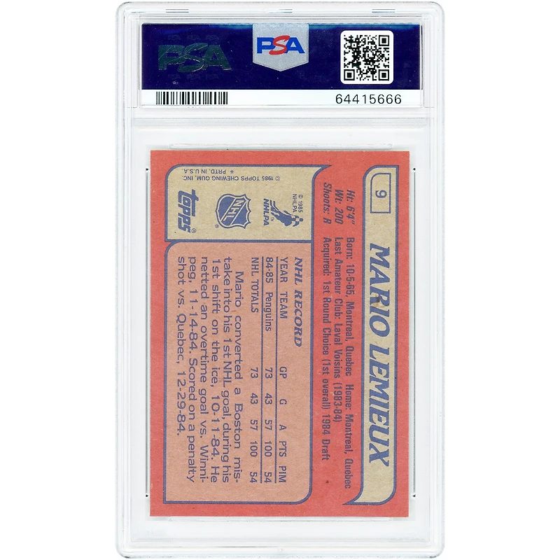 Carte de recrue Mario Lemieux, Penguins de Pittsburgh, 1985-86, Topps n° 9, authentifiée PSA 8
