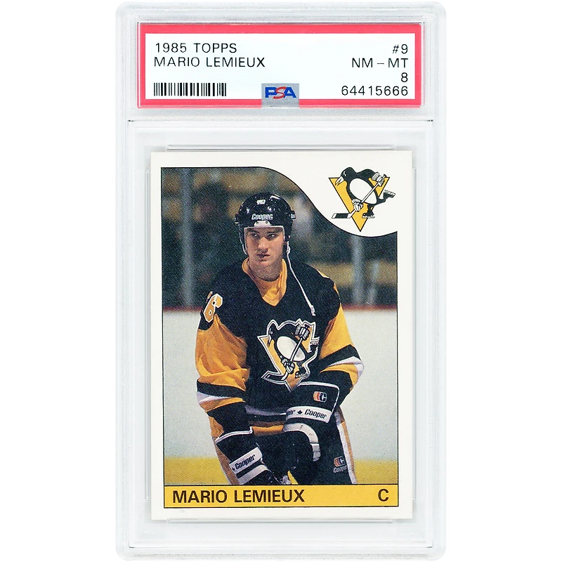 Carte de recrue Mario Lemieux, Penguins de Pittsburgh, 1985-86, Topps n° 9, authentifiée PSA 8