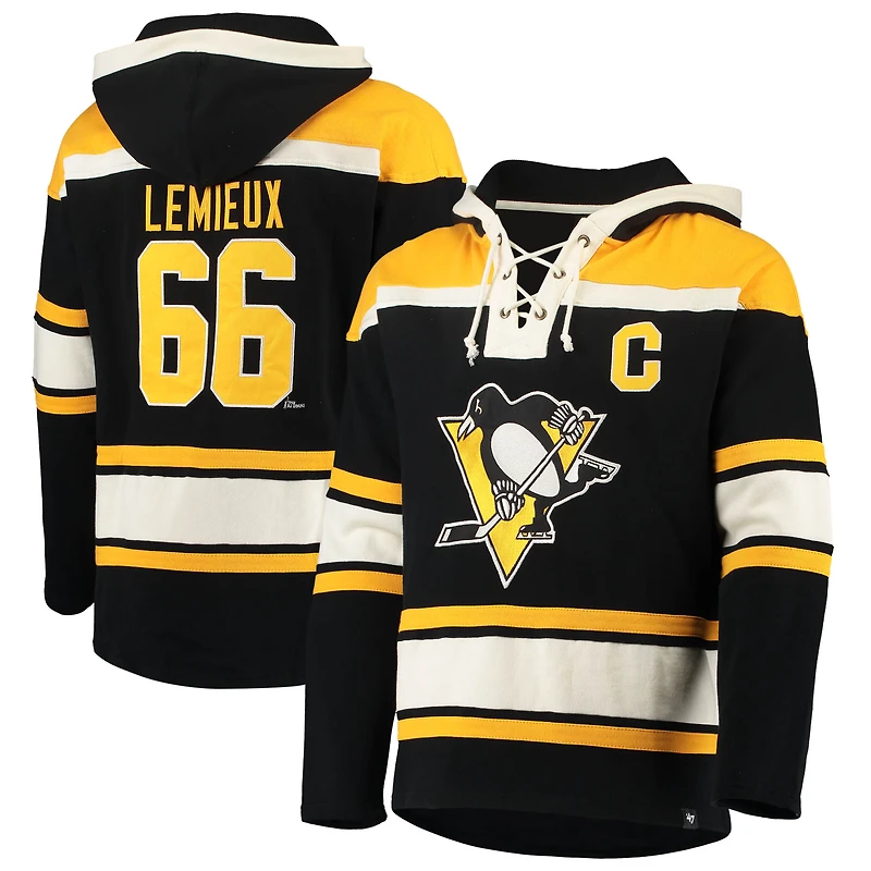 Sweat à capuche Lacer noir pour homme, modèle '47 Mario Lemieux, Penguins de Pittsburgh, avec nom et numéro joueur retirés