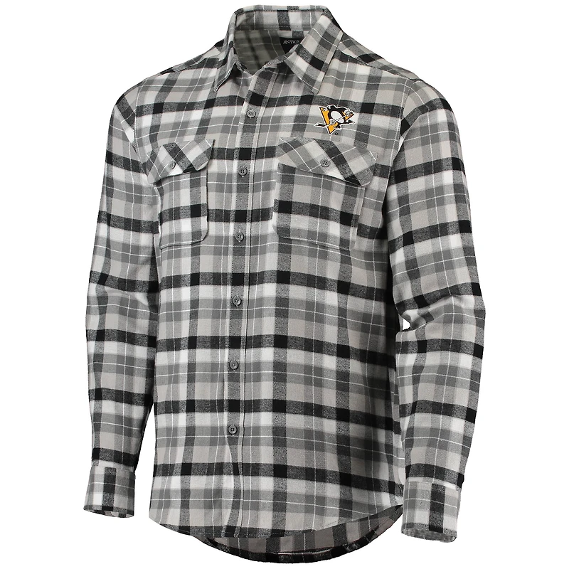 Men's Antigua Black/Gray Pittsburgh Penguins Ease Plaid Button-Up Long Sleeve Shirt