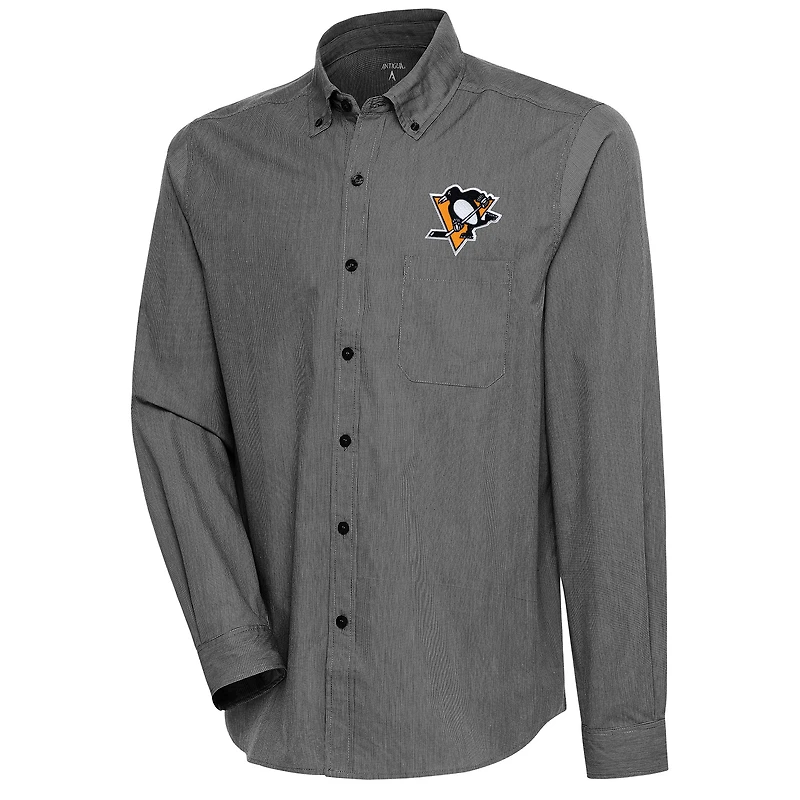 Men's Antigua Black Pittsburgh Penguins Compression Tri-Blend Button-Down Shirt