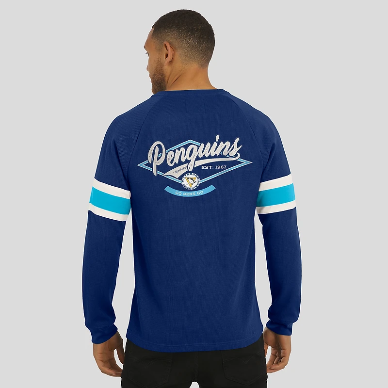 T-shirt Henley à manches longues et col raglan gaufré bleu marine pour homme, collection Darius Rucker par Fanatics, Penguins de Pittsburgh
