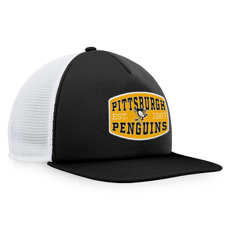 Casquette Snapback de camionneur avec patch en mousse sur le devant des Penguins de Pittsburgh Fanatics pour hommes, noir/blanc