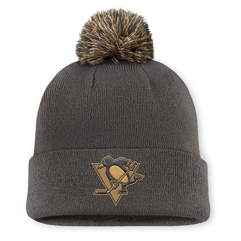 Men's Fanatics Charcoal Pittsburgh Penguins Authentic Pro Military Appreciation Cuffed Knit Hat with Pom