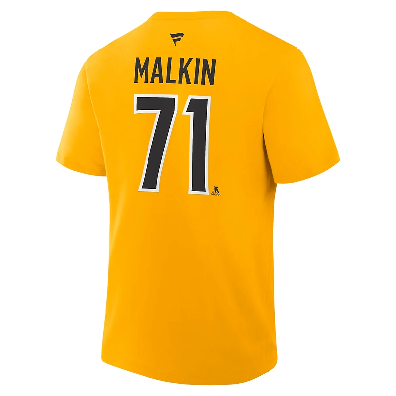 Men's Fanatics Evgeni Malkin Gold Pittsburgh Penguins Authentic Stack Name & Number T-Shirt
