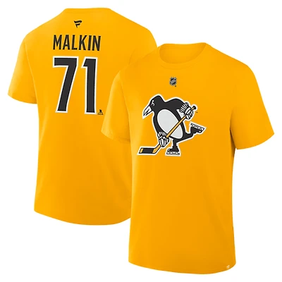 T-shirt authentique Fanatics Evgeni Malkin Gold Pittsburgh Penguins pour homme, avec nom et numéro superposés