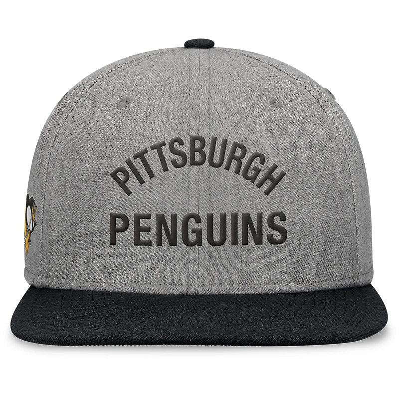 Men's Fanatics Heather Gray Pittsburgh Penguins Elements Flat Brim Leather Strapback Hat