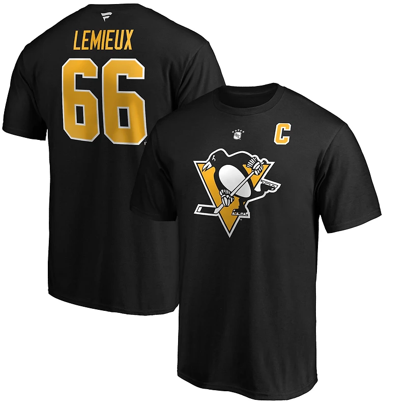 Men's Fanatics Mario Lemieux Black Pittsburgh Penguins Authentic Stack Retired Player Name & Number T-Shirt
