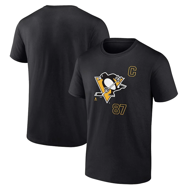 T-shirt noir Fanatics Sidney Crosby pour homme avec écusson du capitaine des Penguins de Pittsburgh et nom numéro