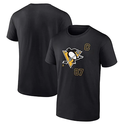 T-shirt noir Fanatics Sidney Crosby pour homme avec écusson du capitaine des Penguins de Pittsburgh et nom numéro