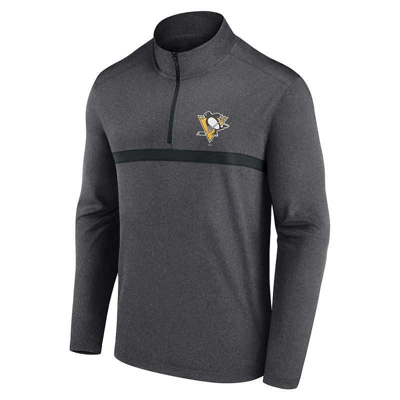Haut raglan à fermeture éclair quart de tour pour homme, logo athlétique, anthracite chiné, motif tête-à-tête des Penguins Pittsburgh